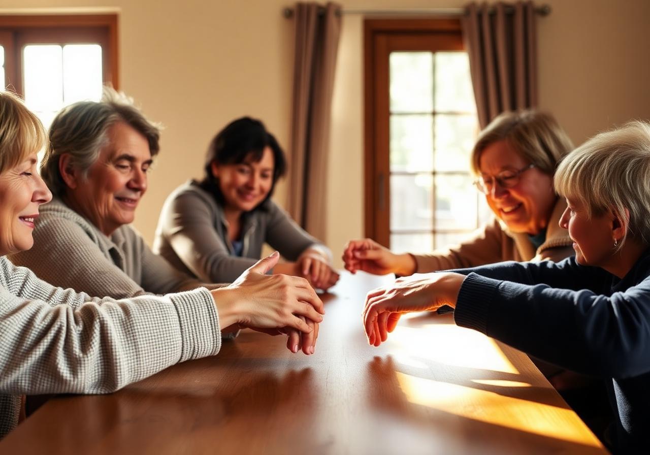 A family's hands joined at a table